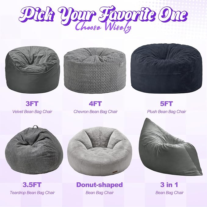 Hobestluk Adult Bean Bag Chair 3 in 1 Convertible Large Bean Bag Sofa | Velvet Grey,Machine Washable,Removable Cover,Easy Convert And Install, Oversied Floor Bed,For Livingroom Bedroom - Image 8