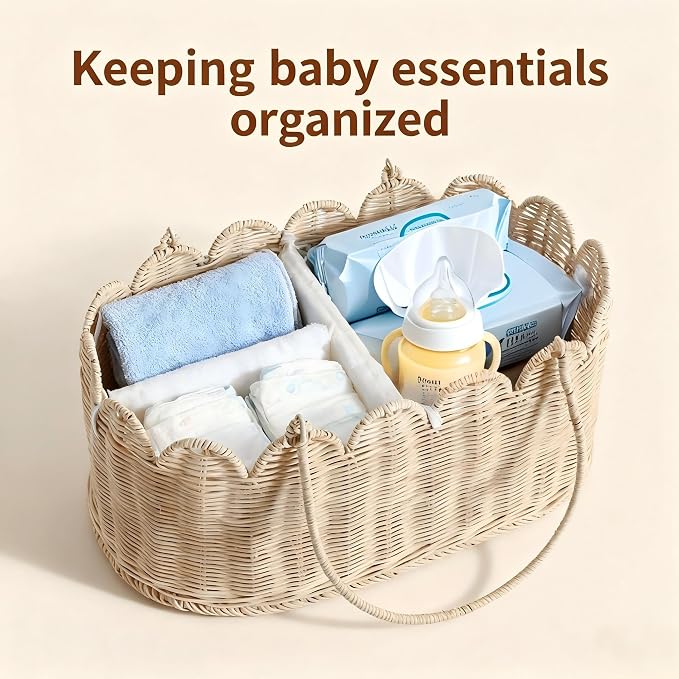 Premium Wicker Baby Diaper Caddy Organizer,Woven Scalloped Rattan Basket with Handle,Wicker Baby Carriage for Nursery (Scalloped Rattan Baby Diaper Caddy Organizer) - Image 5