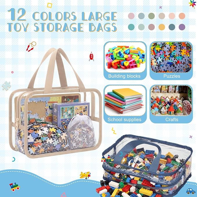 12 Pack Large Toy Storage Bags with Labels, Reusable Clear PVC Toy Organizer with Zipper, Large Colord Waterproof Reusable Bags for Building Blocks, Puzzle, Stationery, Kids Books - Image 3