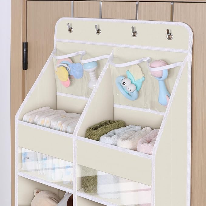 Univivi Upgraded Over the Door Organizer for Baby Nursery, Beige, 5-Shelf | Fabric Door Organizer with Clear Window Deep Pockets, Over Door Hanging Organizer for Baby Essential, Bedroom, and Dorm - Image 4
