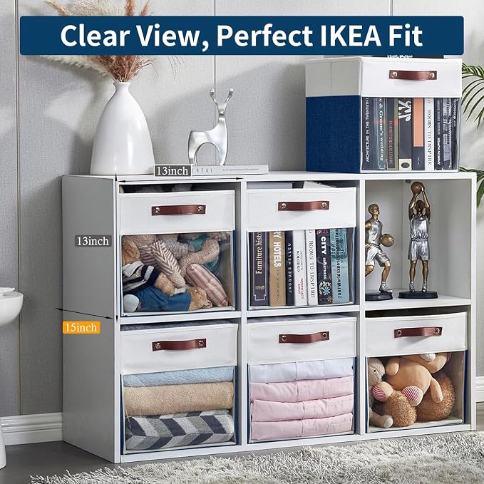 Storage Cubes, 4 Pack Linen Foldable Storage Bins with Clear Window and 2 Handles, 13x15x13 Storage Cube Bins for Shelf Closet, Kallax, Clothes, Books - (Navy Blue / Off-White) - Image 2