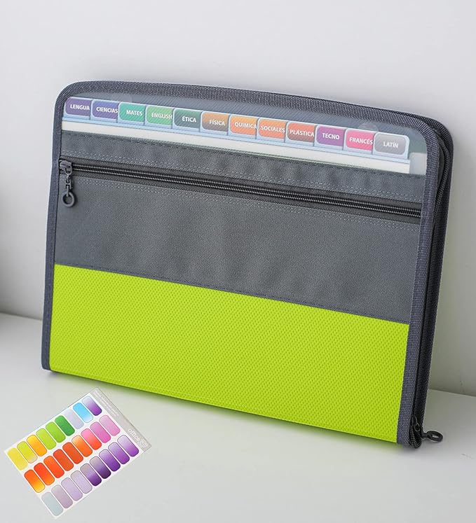 NAFY Expanding File Folder, 13 Pockets Document Organizer with Zipper, A4 Letter Size Portable Accordion Expanding File Folders with 27pcs Multicolor Labels for Home Office School Supplies (Green) by Nafy