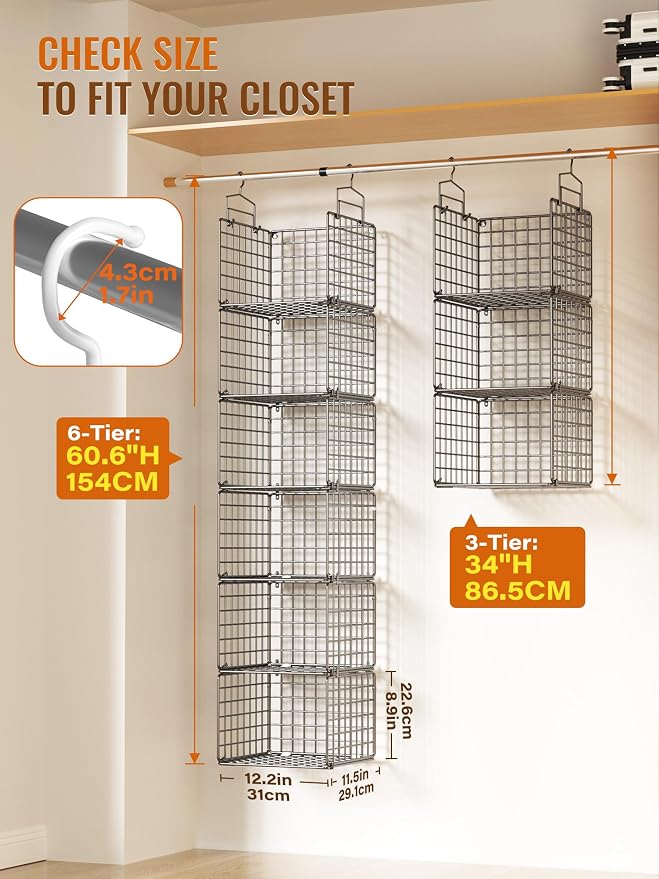 6 Tier Closet Hanging Organizer, Metal Closet Organizers and Storage with 4 Hanging Hooks 4 S-Hooks for Wardrobe Laundry Room, Wire Storage Shelf for Clothes Sweaters Pants (Black) - Image 2