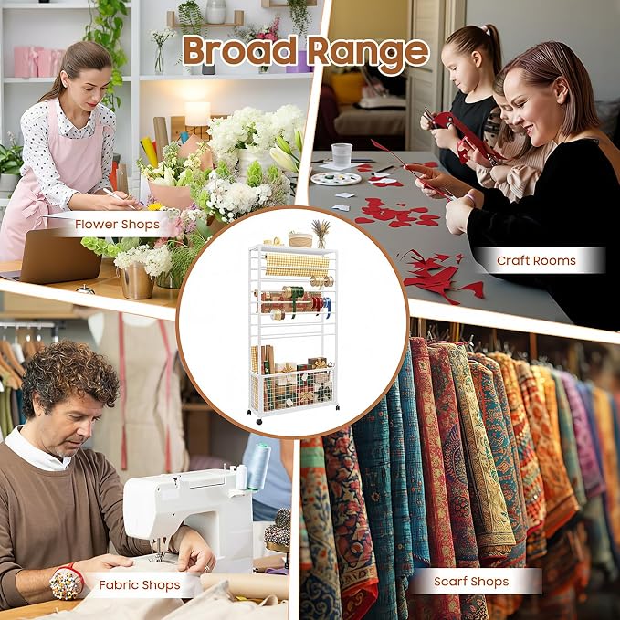 Ribbon Holder Organizer Rack, 16-Layer Double-Sided Expandable Wrapping Paper Rack, Ion Rolling Ribbon Storage Rack with Top Shelf and Bottom Basket for Flower Shop, Craft Room, H: 60Inch - Image 2