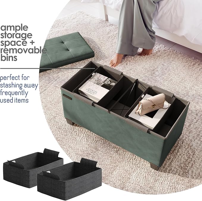 Storage Ottoman Bench with Bins, 30-in Storage Bench for Bedroom End of Bed, Folding Foot Rest Ottoman for Living Room Max 660lbs, Leather Ottomans, Green - Image 4