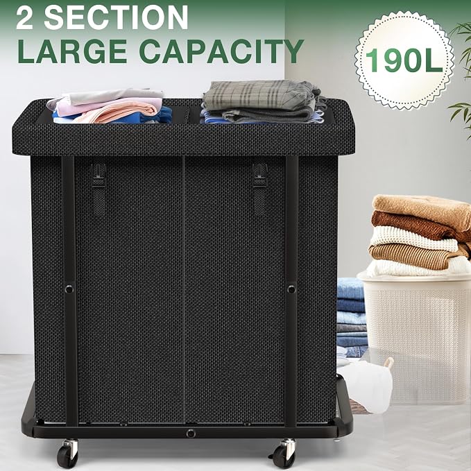 Laundry Basket with Lid,190L Rolling Laundry Hamper with Wheels,Black | Dirty Clothes Hamper with Metal Frame and Removable Bag Design,Suitable for Laundry Room, Bedroom(2 Section) - Image 2