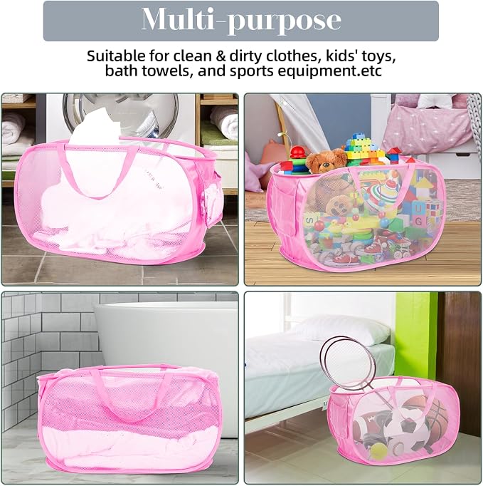4 Pcs Durable Collapsible Laundry Baskets, Foldable Large Opening Pop Up Laundry Hamper with Pocket, Clothes Hamper with Handles for Laundry, Bathroom, Kids Room, Dorm or Travel Pink - Image 7