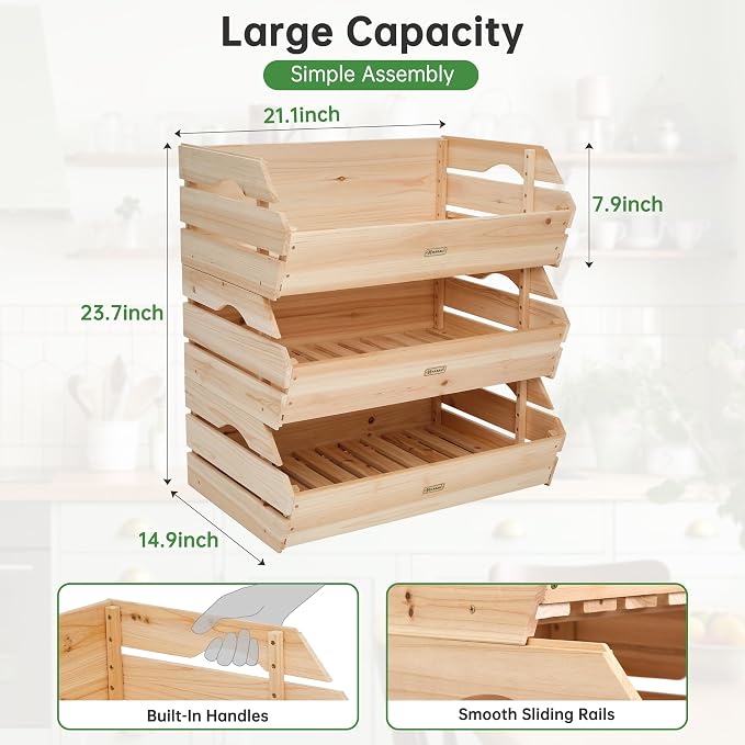 HABAU Stackable Wooden Storage Crates, Rustic Farmhouse Wood Bins with Handles, Decorative Home Organizer for Produce, Potatoes, Onions, Snacks, 3 Pack - Image 3