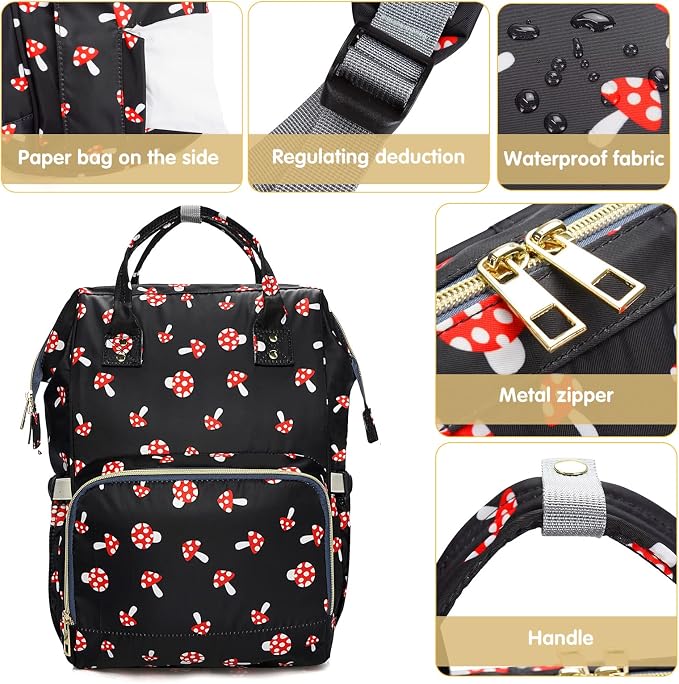 MCWTH Mushroom Diaper Bag Backpack Set for Baby Girls Mom, Large Capacity Multi-Function Nappy Bags Organizer - Image 4