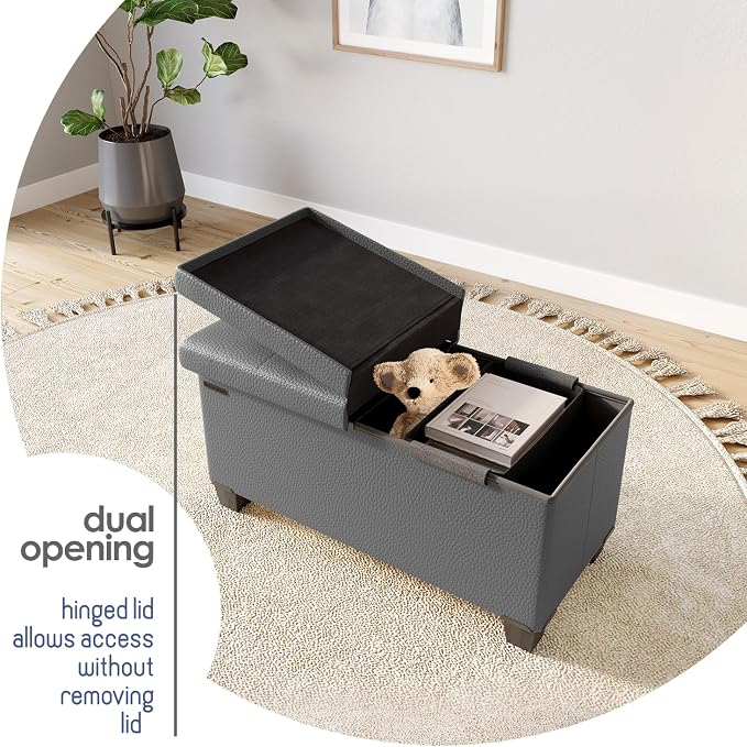 Storage Ottoman Bench with Bins, 30-in Storage Bench for Bedroom End of Bed, Folding Foot Rest Ottoman for Living Room Max 660lbs, Faux Leather Ottomans, Grey - Image 9