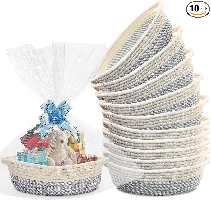 10 Pack Small Woven Basket with Gift Bags and Ribbons, Rectangle Storage Basket Set, Natural Cotton Rope Woven Baskets, Gift Basket for Baby Nursery, Toy Baskets, Bathroom Organization Bin by Adboros