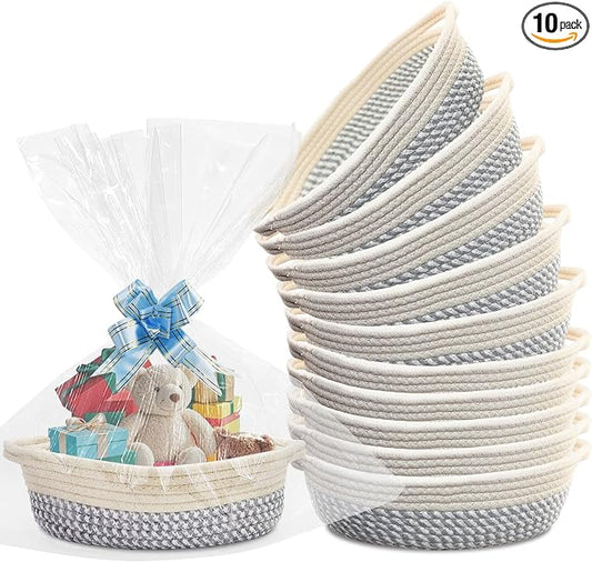 10 Pack Small Woven Basket with Gift Bags and Ribbons, Rectangle Storage Basket Set, Natural Cotton Rope Woven Baskets, Gift Basket for Baby Nursery, Toy Baskets, Bathroom Organization Bin by Adboros