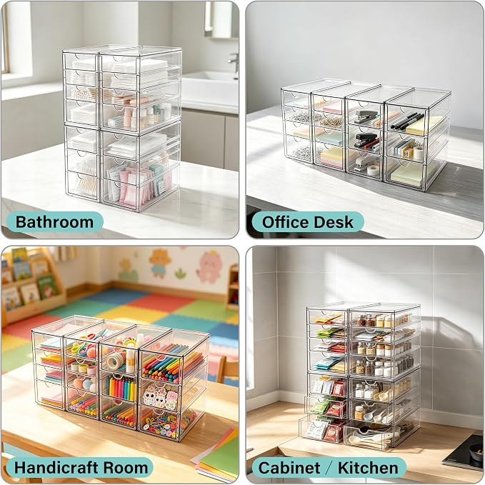 Prsildan Acrylic Desk Organizers with 14 Drawers, Stackable Makeup Storage | Anti-slip Clear Storage Bins, Vanity Organizer for Craft Bead Crayon Nail, Bathroom Kitchen Office Organization, 4 Pack - Image 4