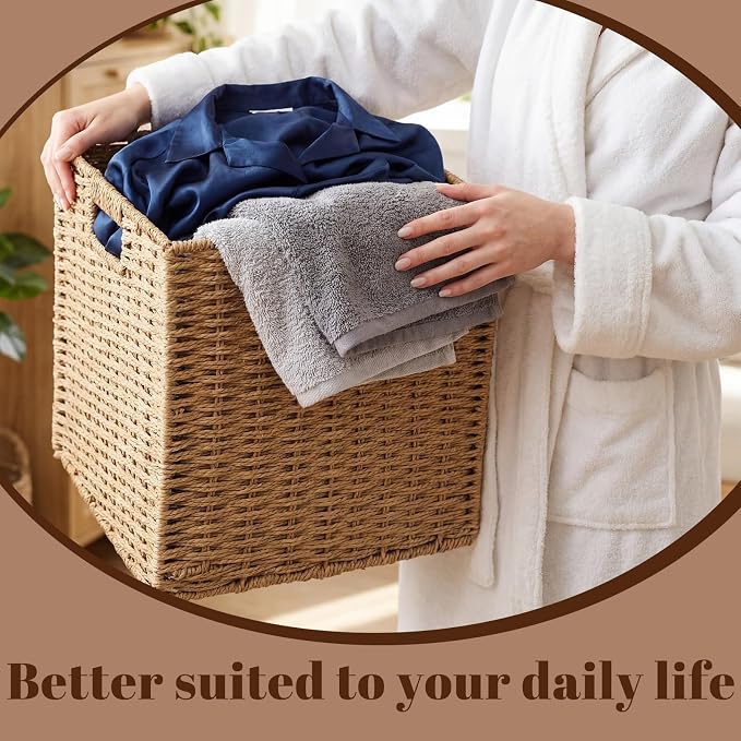 6 Pcs Wicker Storage Baskets 11.8 x 11.8 in Cube Storage Bin Organizer Camel Square Foldable Wicker Baskets for Shelves Organizing Decor Laundry Pantry Toys - Image 5