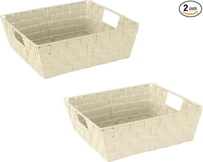 Simplify Large Shelf Woven Strap Tote | Decorative Storage Basket | Built in Handles | Organization | Closet | Bedroom | Bathroom | Nursery | Accessories | Toys | Gifts | 2 Pack | Ivory by Simplify