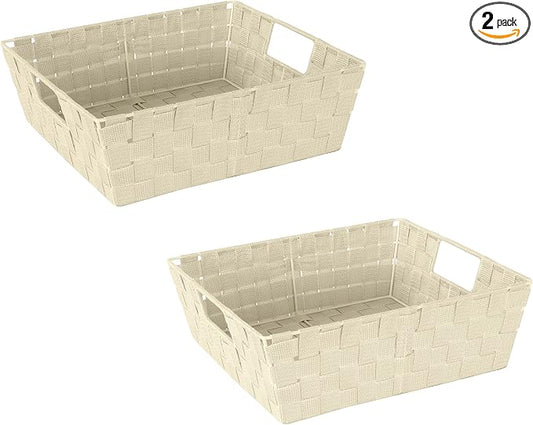 Simplify Large Shelf Woven Strap Tote | Decorative Storage Basket | Built in Handles | Organization | Closet | Bedroom | Bathroom | Nursery | Accessories | Toys | Gifts | 2 Pack | Ivory by Simplify