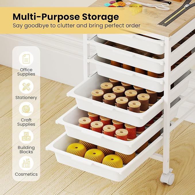 Rolling Storage Cart with 6 Drawers, Plastic Craft Organizer on Wheels with Wooden Top, Mobile Art Supply Utility Cart for Classroom, Home, Office - Image 4