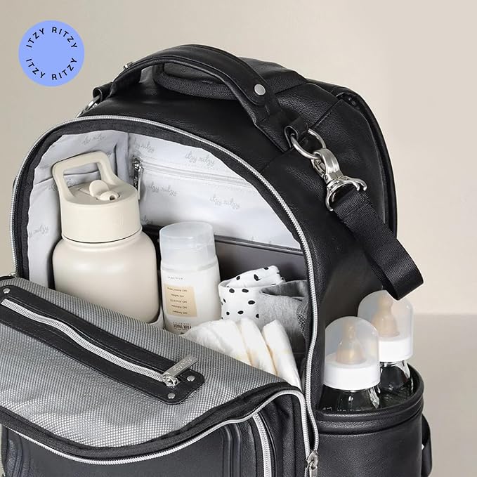 Itzy Ritzy Boss Plus Diaper Bag Backpack w/ 19 Pockets (Black with Silver) | Large Diaper Bag Backpack Includes 2 Insulated Bottle Pockets, Changing Pad, Stroller Clips, Padded Straps, Travel-Ready - Image 7