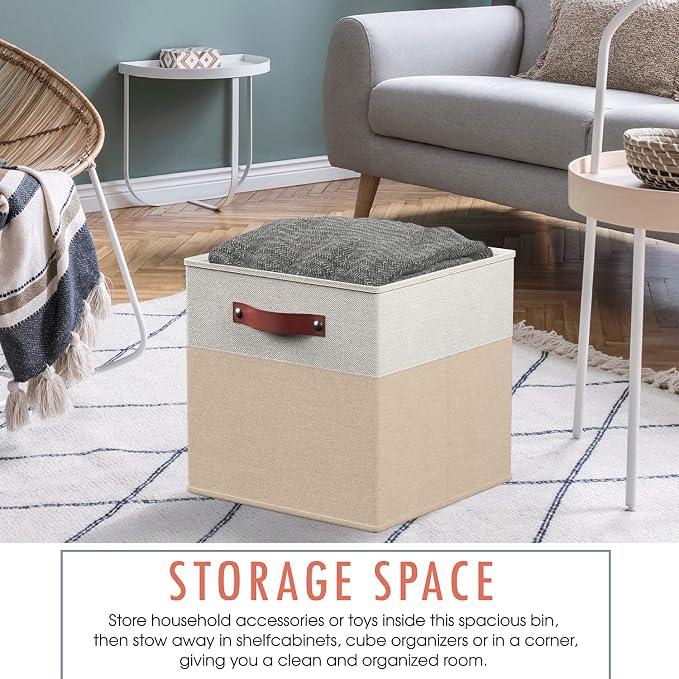 Ornavo Home 13x13 Foldable Fabric Storage Cube Bins, 6 Pack, White/Khaki | Collapsible Linen Shelf Basket Organizer; Leather Handles; Ideal Cube Storage For Closet - Image 4