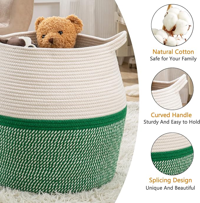 KAKAMAY Woven Baskets for Storage(17"x17"),Large Cotton Rope Woven Baby Laundry Hamper,Collapsible Laundry Basket, Blanket Basket for Organizing Living Room,Nursery,Pillows,Toy Chest(Green) - Image 2