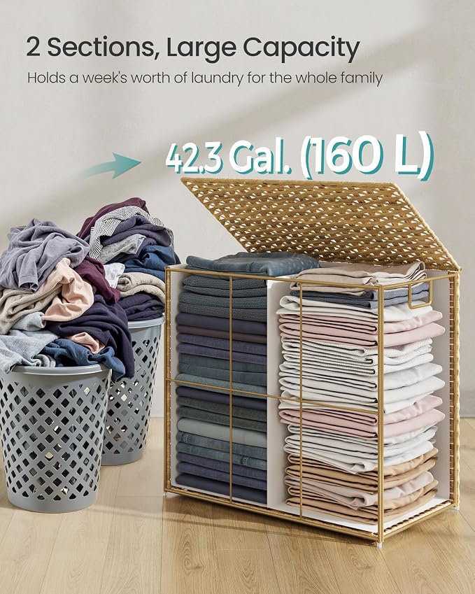 SONGMICS Laundry Hamper with Lid, 42.3 Gallon (160 L) Synthetic Rattan Clothes Laundry Basket with Lid and Handles, Foldable, Removable Liner, Goose Yellow ULCB216Y01 - Image 5