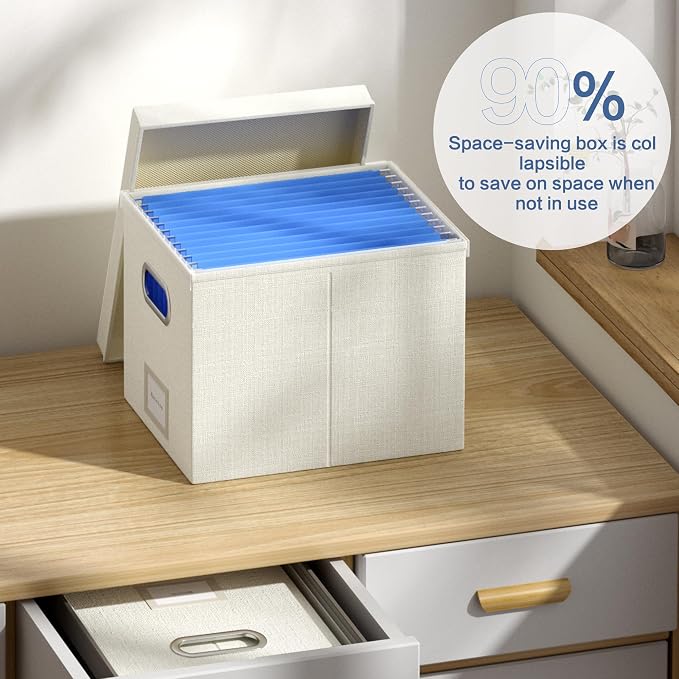 File Organizer Box - File Boxes for Hanging Files with Lid Set of 3 Decorative Hanging Folders Organizer with One-Piece Plastic Frame Slides (Beige White, 13.2 * 10.1 * 10.1in(3Pack)) - Image 3