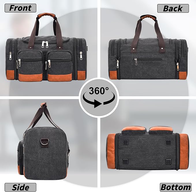 Canvas Duffle Bag For Travel, 50L Expandable Carry on Overnight Travel Duffel Bags with Laptop Compartments Weekend Gym Bag for Men(Black) - Image 8
