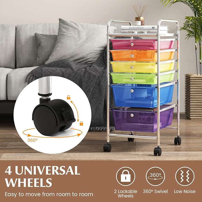 GOFLAME 6-Drawer Rolling Storage Cart, Multifunctional Art Craft Organizer Cart, Mobile Utility Storage Cart with Removable Drawers & Lockable Wheels, Craft Cart for Home Office, Rainbow - Image 5