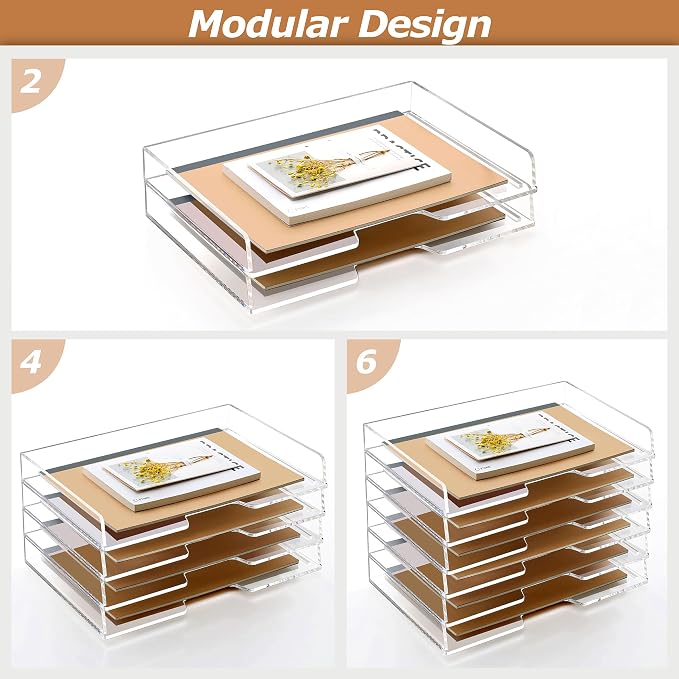 SANRUI 4 Tier Acrylic Paper Letter Tray Desk Stackable Organizer Trays，Clear Enlarged A4 Stackable File Document Tray， Workspace Office Supplies Organizers and Accessories Sorter，13.82inx9.29inx6.7in - Image 4