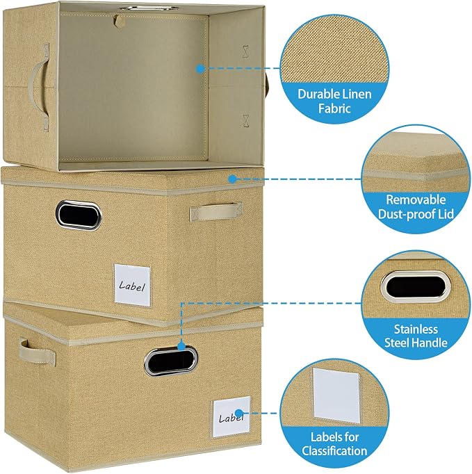 LHZK Extra Large Storage Bins with Lids 6 Pack, Foldable Linen Fabric Storage Boxes with Lids, Sturdy Fabric Storage Bins with Label & 3 Handles for Shelves Bedroom Home Office (Beige, Extra Large) - Image 7