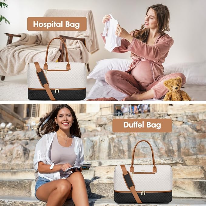 Travel Weekender Duffle Bags for Women - Duffel Bag with Shoe Compartment Carry On Overnight Bag with Toiletry Bag with Wet Pocket for Gym Hospital Bags for Labor and Delivery Black White Brown - Image 9