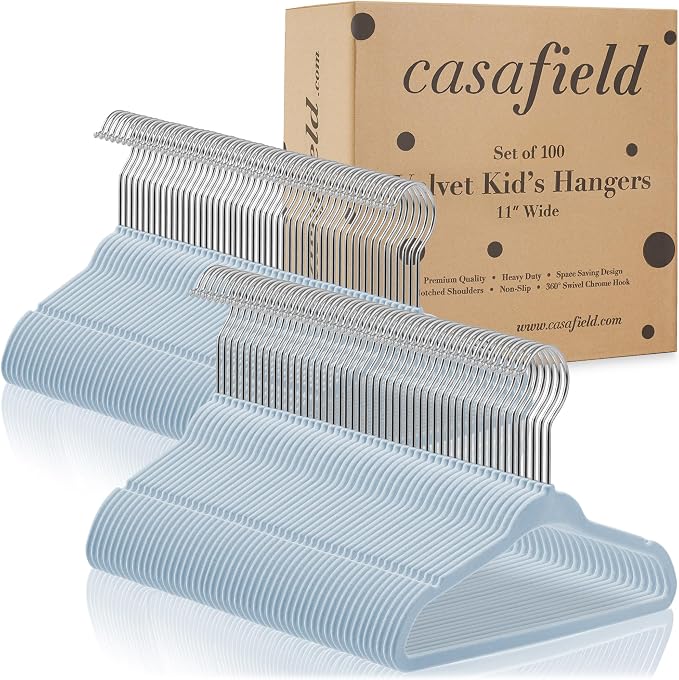 Casafield 100 Velvet Baby Hangers - 11" Size for Infant & Toddler Clothes - Light Blue - Image 4