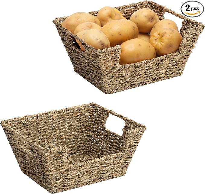 StorageWorks Wicker Storage Baskets for Shelves, Pantry Baskets, Seagrass | Pantry Baskets for Patato and Onion Storage, Stackable Wicker Basket Organizer for Shelf, Woven Basket for Storage, 2-Pack by StorageWorks