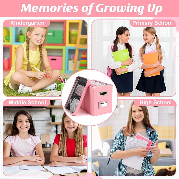 DOSTATNI School Years Organizer Kit K-12 School Years Memory Keeper with 15 Hanging File Folders Plastic 4 different Labels Memory Keepsake Box for kids Storage Pictures File Keeper (Pink) - Image 8