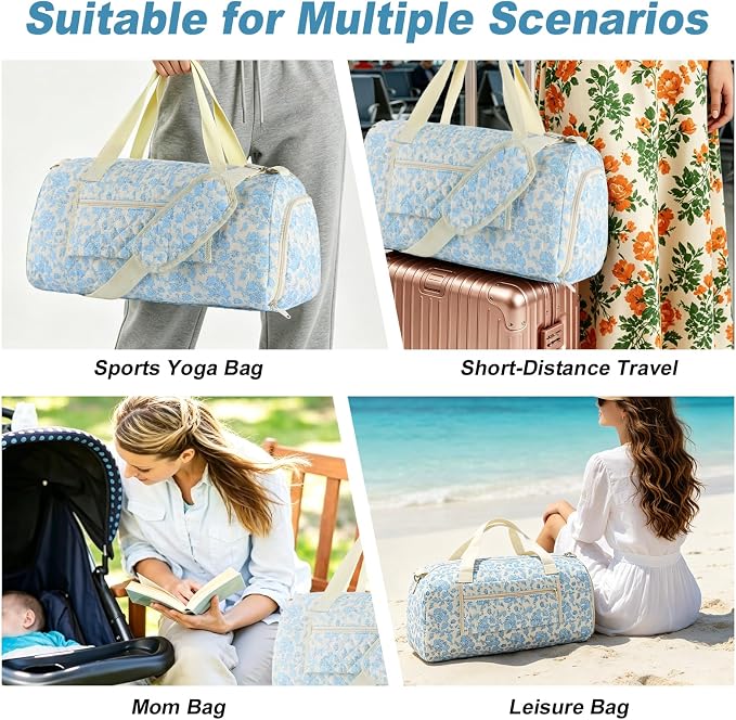 Floral Quilted Duffle Bag, Weekender Travel Bag for Women | Floral Quilted Duffle Bag for Women, Spacious Weekender Travel Bag with Separate Shoe Compartment and Multi Pockets - Image 7