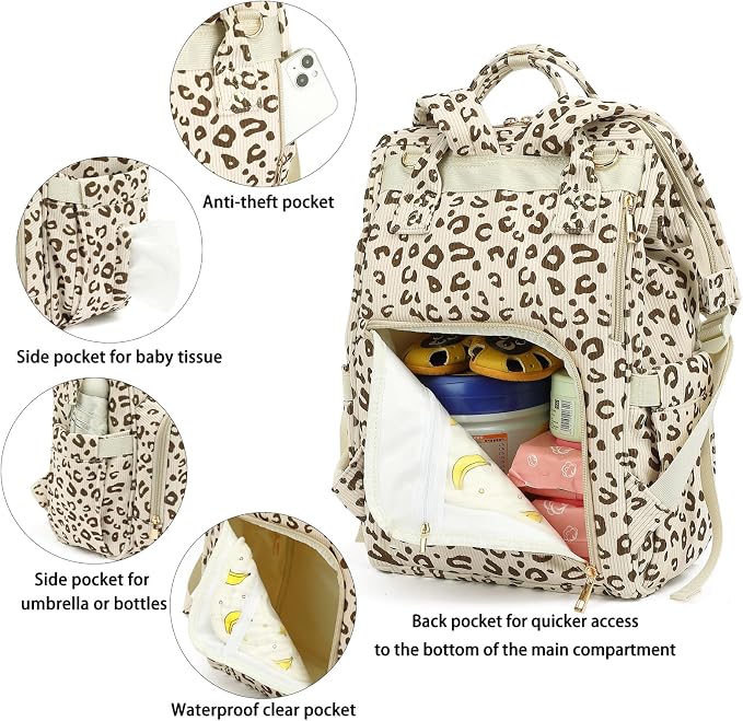 Corduroy Diaper Bag Backpack for Baby Girls Boys, Women Large Nappy Bags for Mom (Beige Corduroy Leopard) - Image 4
