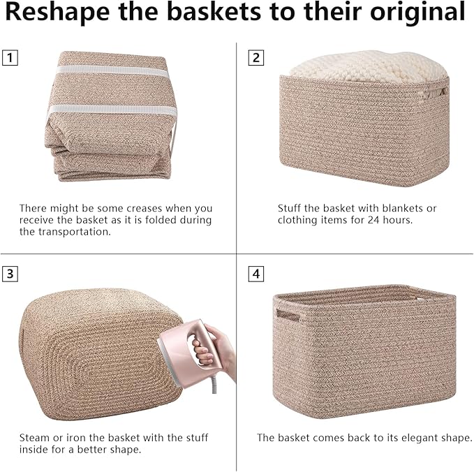 OIAHOMY 4 Pack Storage Baskets for Organizing 24L Cube Storage Bins Brown | Woven Baskets for Storage Rectangle Small Baskets With Handles Baskets for Shelves Wicker Baskets for Shelves 16x12x8inch - Image 7