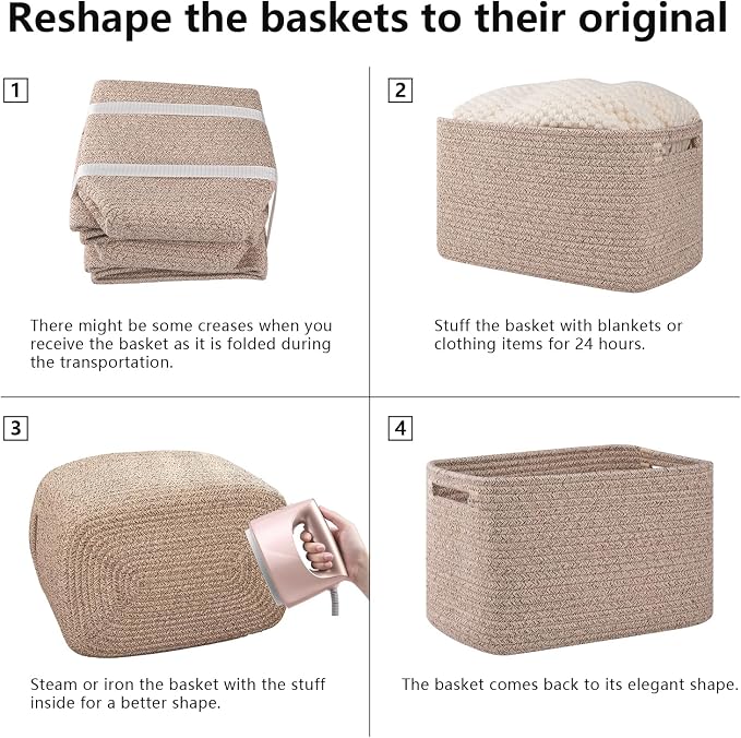 OIAHOMY 4 Pack Storage Baskets for Organizing, Cube Storage Bins for Shelves, Rectangle Storage Baskets With Handles, Woven Baskets for Storage, 12.7''Lx9''Wx7.8''H, Mixed Brown - Image 7