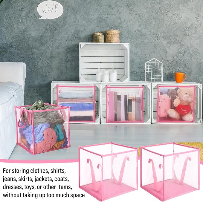 Zopeal 6 Pack Collapsible Mesh Laundry Basket, Pink, Single-layer | 13 Inch Square with Handles, Portable Foldable Hamper, Mesh See-through, Space Saving for Dorm Bedroom Laundry Room - Image 6