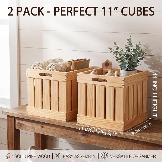 2 Pack Wood Crates Large Wooden Storage Cubes with Handles Rustic Handmade Baskets Farmhouse Decorative Cubes Boxes Containers Organizing Bins for Display Toy Clothes Book, 11 x 11 x 11 Inch - Image 2