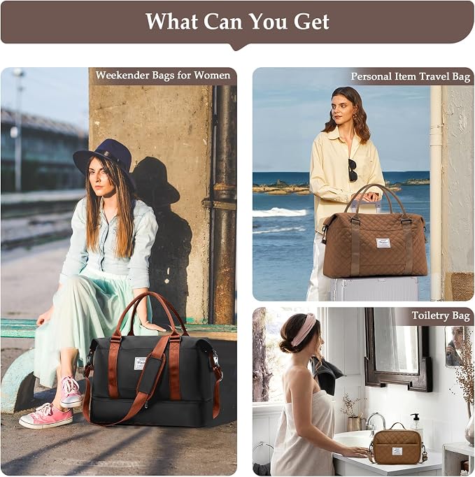Weekender Bags for Women,Personal Item Travel Bag with Shoes Compartment | Overnight Travel Duffel Bag with Grid Travel Set,Carry-On Bag,3 Pcs Set,Large - Image 8