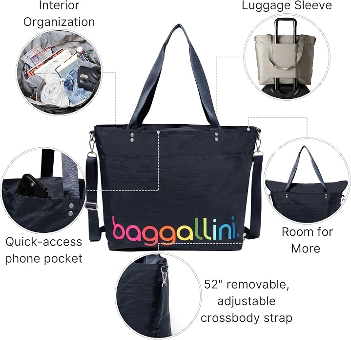 Baggallini Carryall Tote - Lightweight Nylon Zipper Top Weekender Travel Beach Bag w/Luggage Sleeve - Image 3