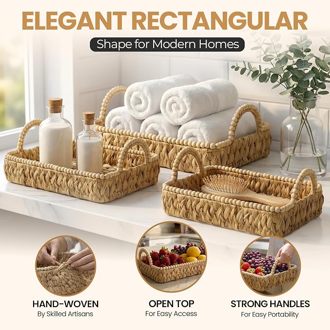 Handwoven Water Hyacinth Wicker Basket Set of 3 - Storage Baskets with Handles & Scalloped Edge for Living Room, Nursery Organization, Laundry & Pantry Wicker Baskets Use - Image 6