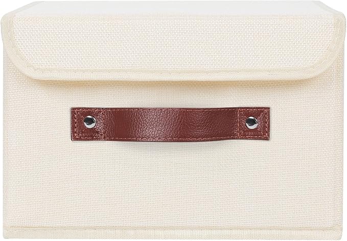 ANMINY Fabric Storage Box Bins with Lids, Beige, 13"x9"x7.9", 4 Pack | Keepsake Memory Storage, Cotton Linen, PP Board Reinforced, Washable, PU Handles, Foldable & Stackable, Decorative, Medium - Image 6