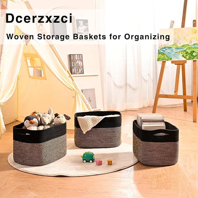 Storage Baskets for Organizing Shelves, Woven Cotton Rope Bins for Organization, Dog Toy Organizer for Shelf Living Room Bedroom, 14.8"×11"×9.5", Pack of 3, Black & Jute - Image 6