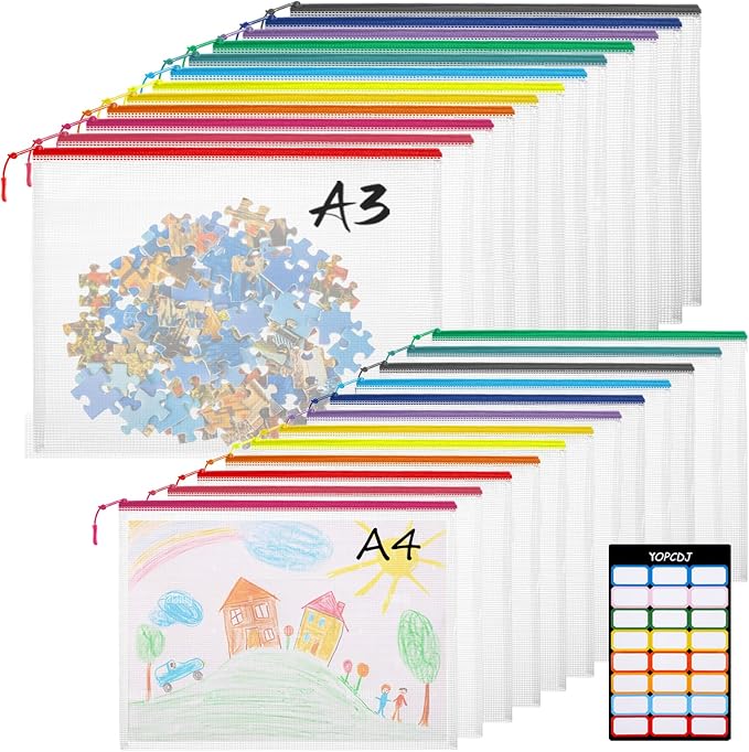 YOPCDJ 24pcs Mesh Zipper Pouch Bags, 12 Colors Extra Large 12PCS A3 and 12pcs A4, Puzzle Bag for Organizing, Classroom Must Have Storage Bag, File Bags for School, Board Games and Office Supplies by YOPCDJ
