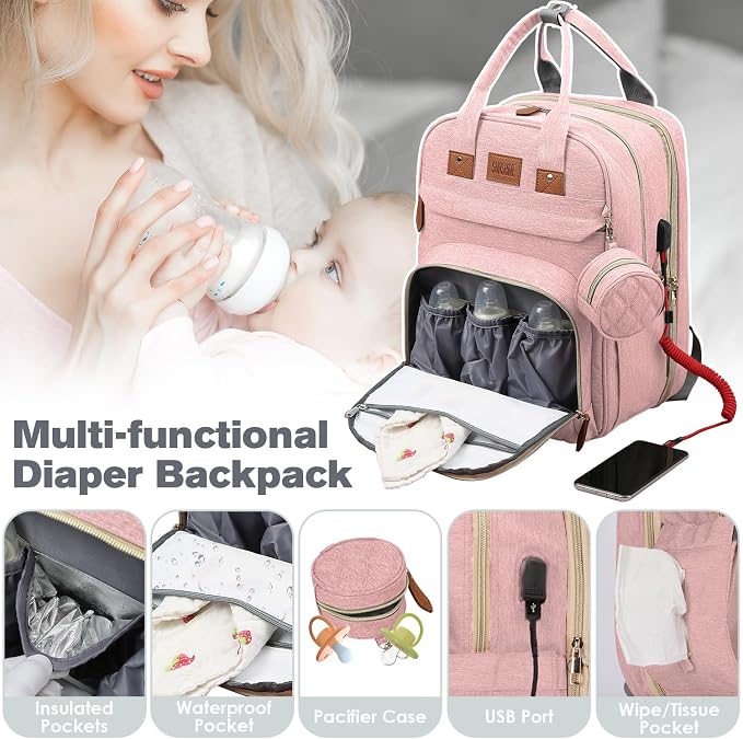 JSTPRO Large Diaper Bag Backpack with Changing Station, Pink | 25L Lightweight 900D Waterproof Nylon, Insulated Pockets & USB Port, Baby Shower Gifts for New Moms and Dads - Image 4