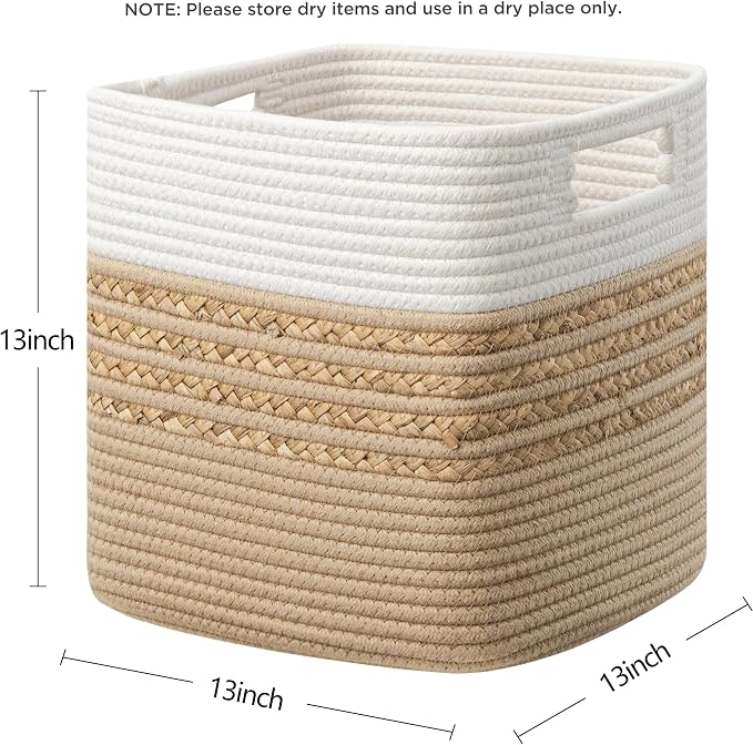 UBBCARE Set of 3 Storage Cubes 13 X 13 X 13 in, Water Hyacinth Storage Bins for shelves, Toys, Book, Storage Baskets with Handles, Cotton Rope Woven Baskets for Organizing, Brown - Image 2