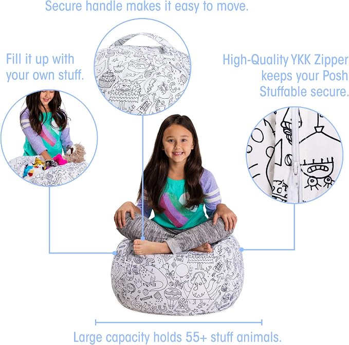 Posh Stuffable Kids Stuffed Animal Storage Bean Bag Chair Cover - Childrens Toy Organizer, Medium 27" - Fun Coloring Fabric - Image 3