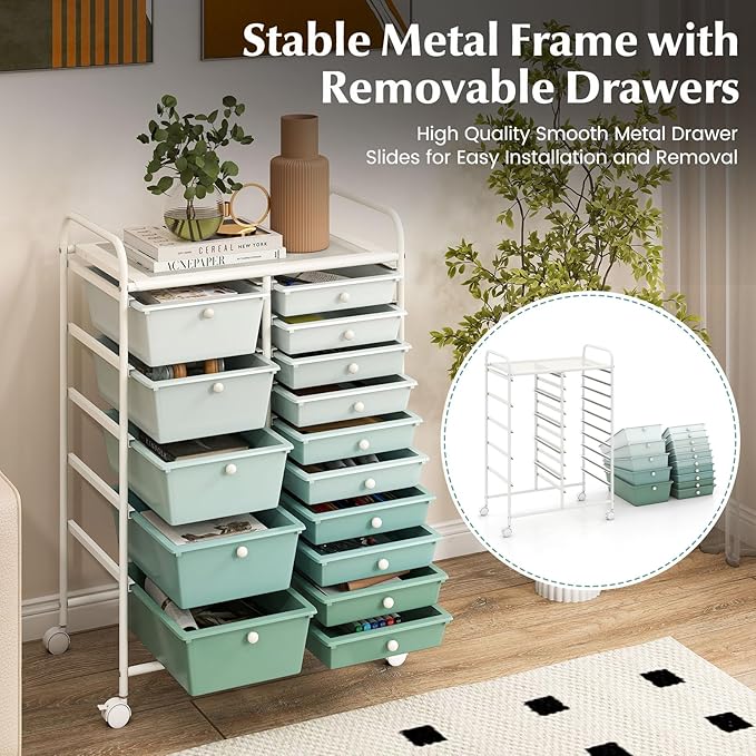RELAX4LIFE 15-Drawer Storage Drawer Carts - Mobile Rolling Utility Cart | 34.5"H White Metal Frame, Gradient Green Drawers, Rolling Wheels; Classroom School Office Home Craft Utility Storage - Image 4